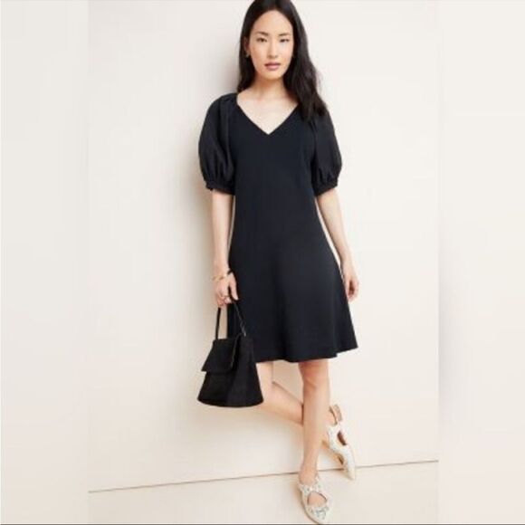 Anthropologie Maeve Annika Black Puffy Balloon Sleeve Dress Minimalist Modern - Picture 1 of 16